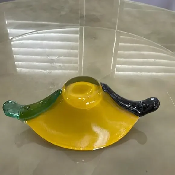 Handmade Blown Glass Vase Candy Bowl Yellow Iridescent